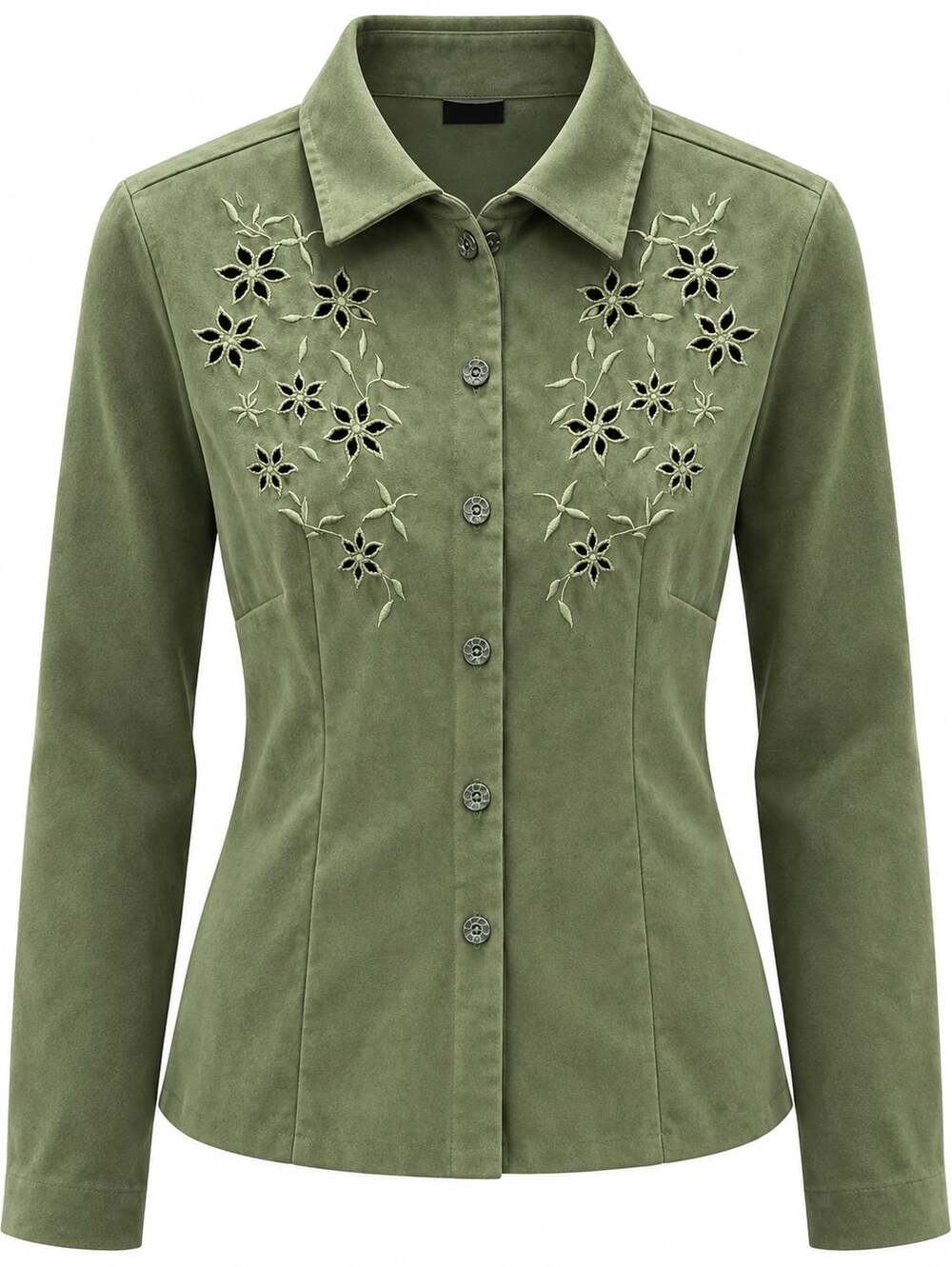Erika Dressess Button Down Shirt Size L Green Floral Embroidered Suede